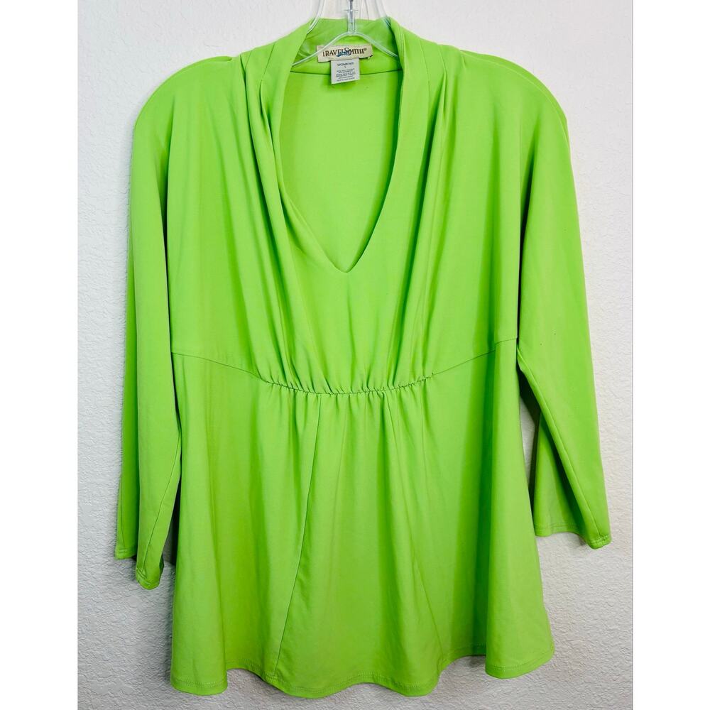 TravelSmith V-Neck, 3/4 Sleeve Front-Gathered Lime Blouse, Women's Large